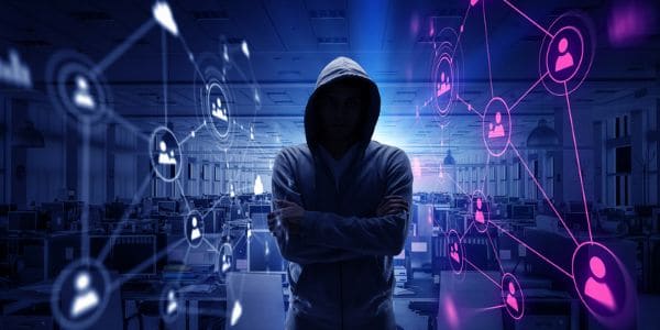 Hacker with arms folded in a dark room 3D rendering