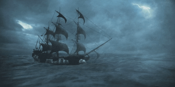 Ship sailing in the ocean in a storm with rain and lightening.