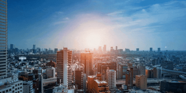Modern cityscape and various charts.
