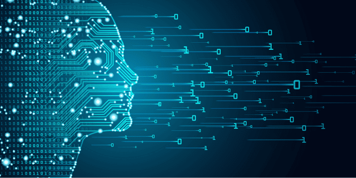 Machine learning and cyber mind domination concept in form of women face outline outline with circuit board and binary data flow on blue background.