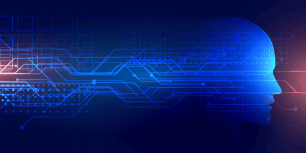 Outline of face travelling through technology background