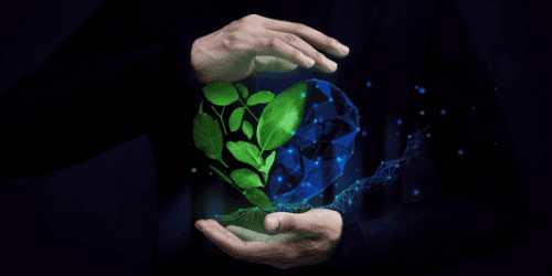 Green leaf as heart shape protected by gentle gesture.