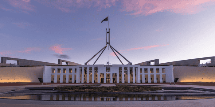 Sunset shot of Federal Parliament House in Canberra, ACT, Australia
