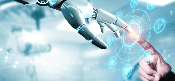 Robot hand reaching for human hand, unity with human and ai concept