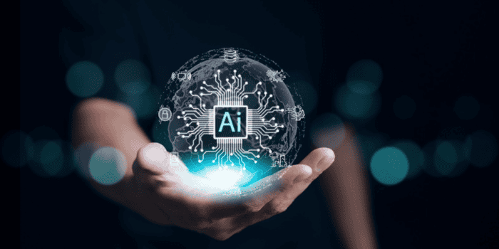 Graphic of man holding AI imagery.