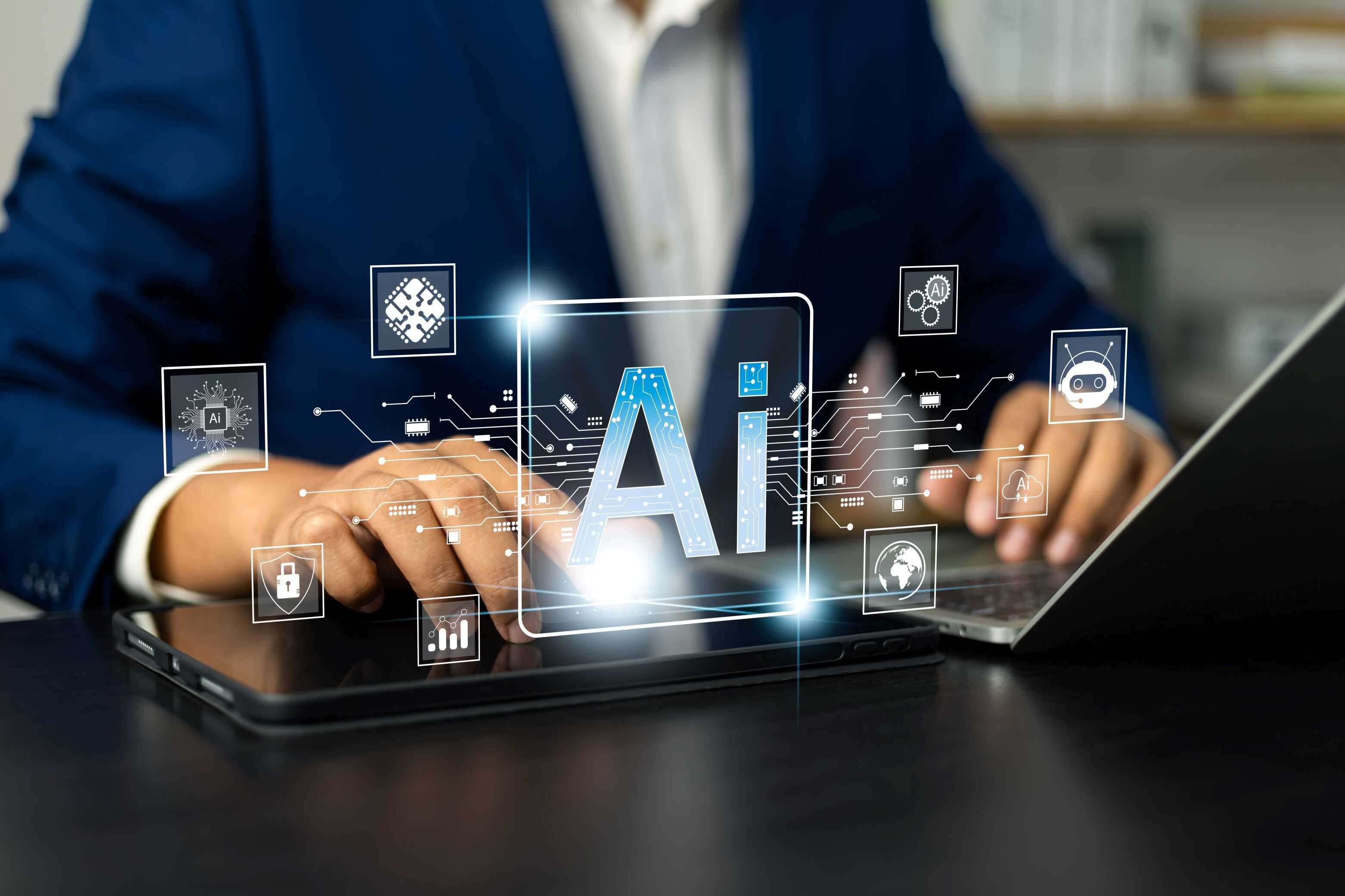 Businessman use artificial intelligence AI technology for enhanced work efficiency data analysis and efficient tools