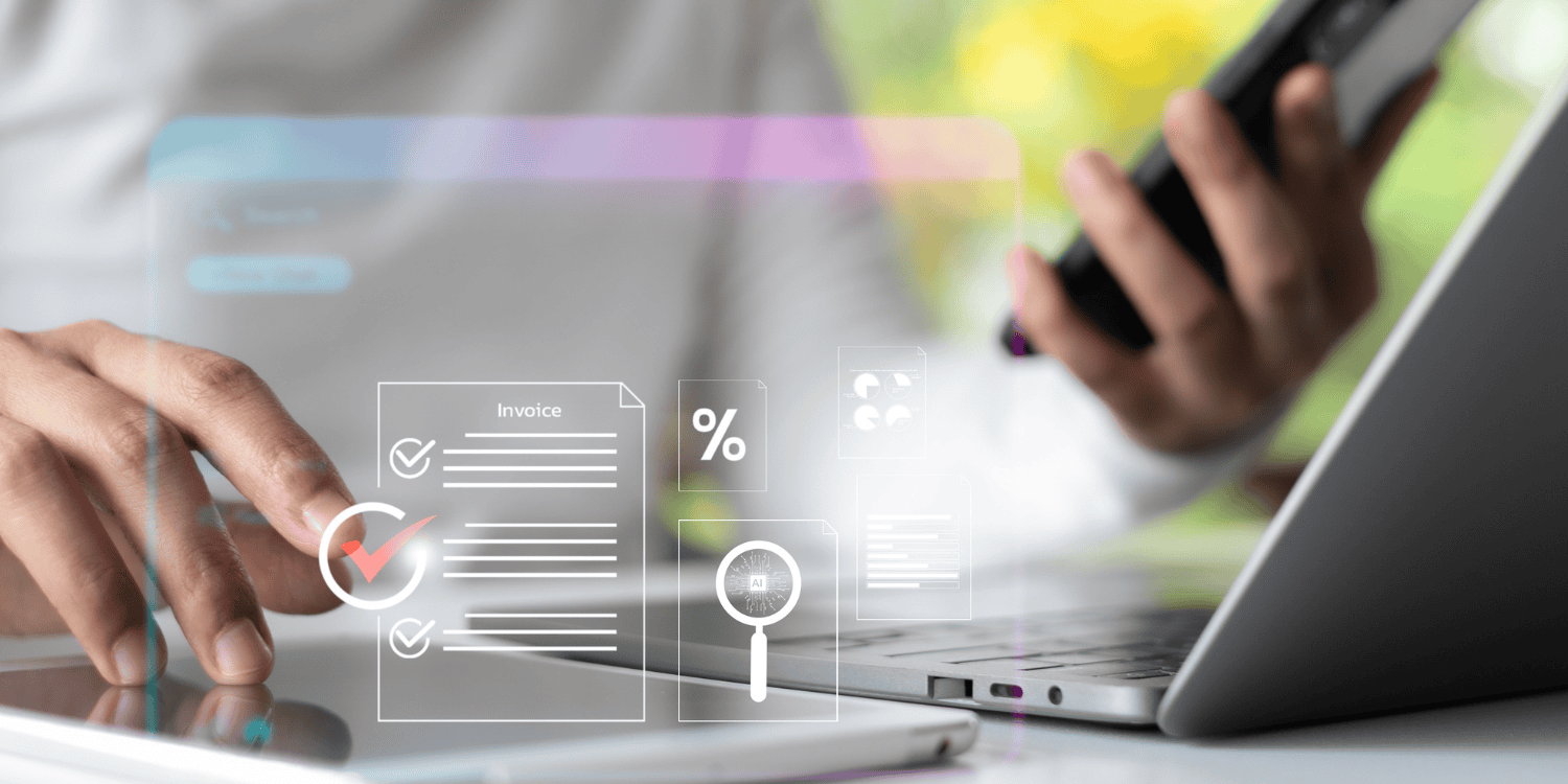 Business person using tablet and smartphone with digital invoice icon, checklist, and percentage symbol. Concept for online payment, accounting, finance, and digital business.