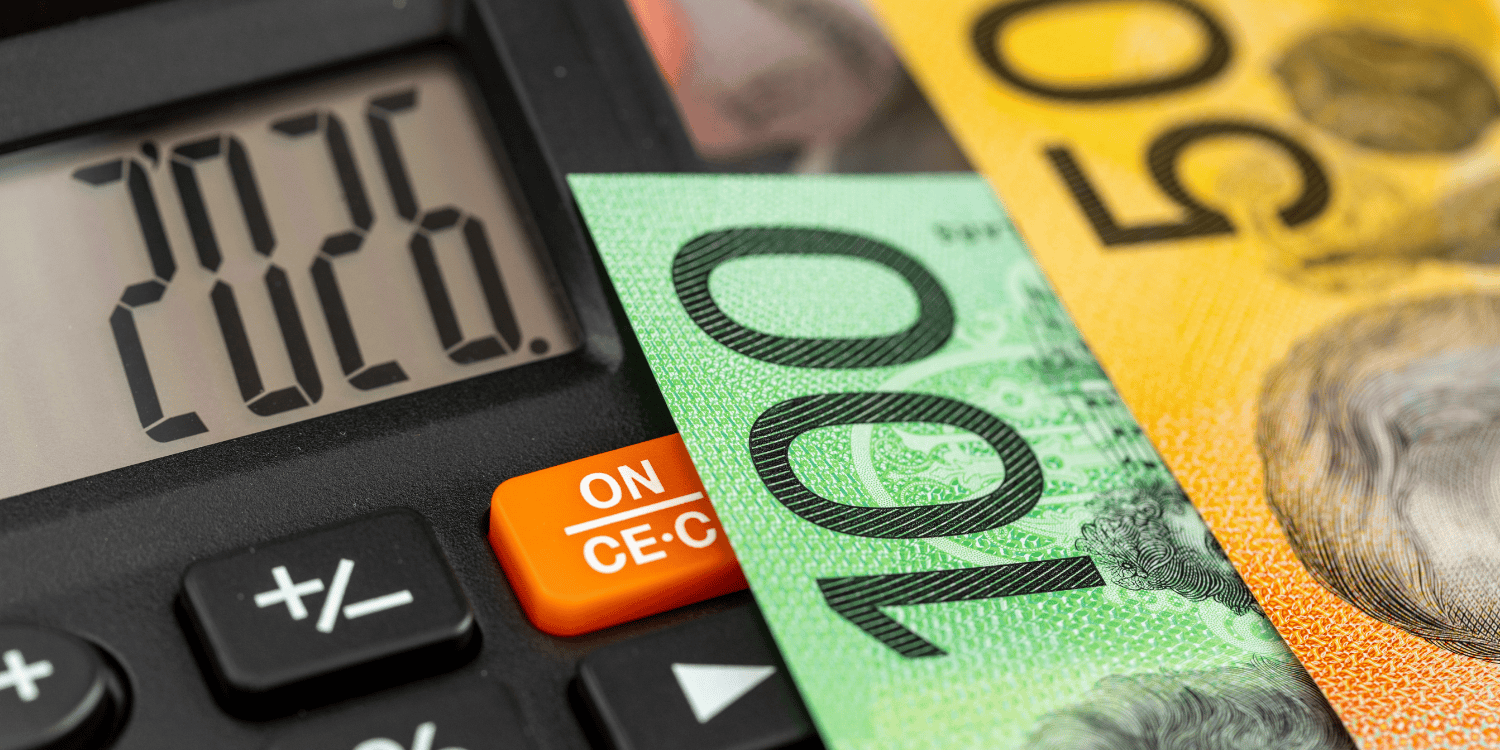 Australia money. Finances 2026. Business and economic concept. Symbol of the Australian dollar. Year 2026 displayed on a calculator. Financial background. Close up