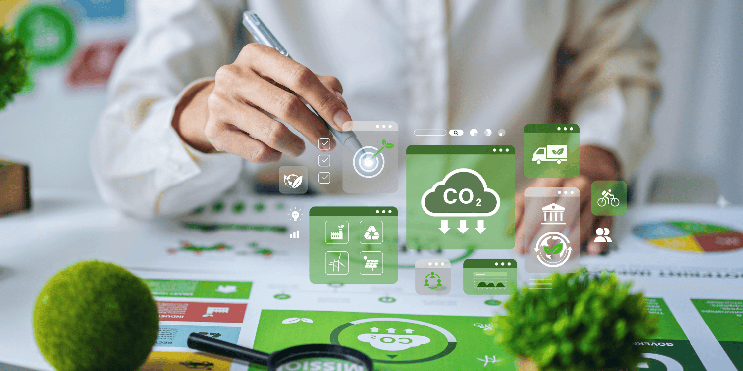 Business professional reviews ESG data report for corporate sustainability strategy environmental impact analysis at carbon icon modern office desk.